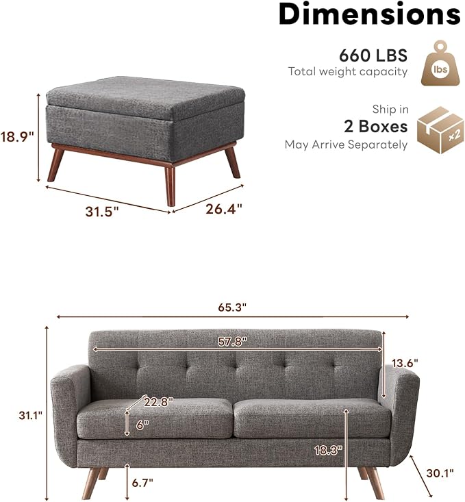 Tbfit 65" W Loveseat Sofa with Ottoman Coffee Table, Mid Century Modern Love Seat Couches for Living Room, Button Tufted Upholstered Small Couch for Bedroom,Easy to Install Love Seats Furniture, Gray | linen fabric
