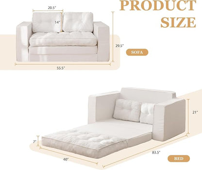 YOSHOOT Loveseat Boneless Couch,55" Convertible Sofa Bed Futon Couches for Living Room,3-in-1 Pull Out Floor Couch with Backrest and Pillows, White