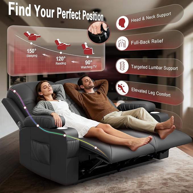 RV Loveseat Recliner Sofa, Reclining Loveseat Wall Hugger Recliners with USB Ports, Cup Holders, Insert Pockets, RV Recliners for Travel Trailers & Living Room, RV Furniture | RV Couch | Black