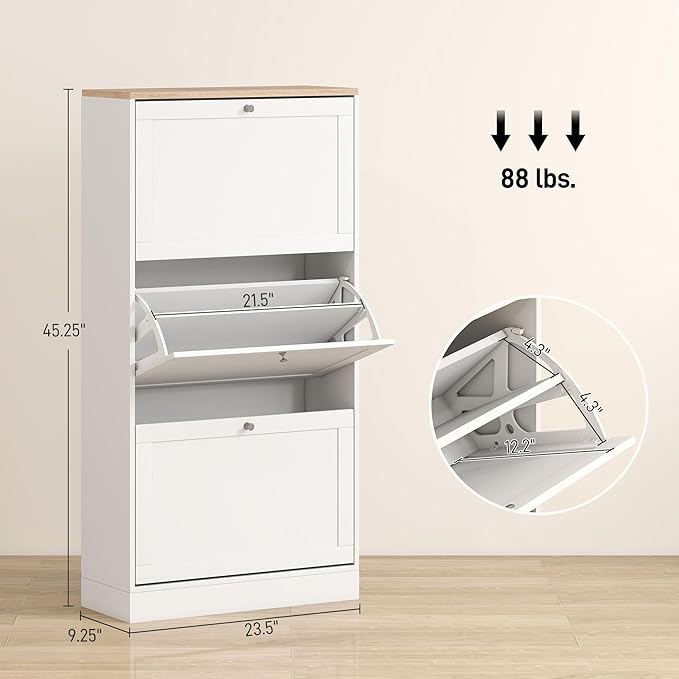 HOMCOM Shoe Storage Cabinet with 3 Flip Drawers, Wooden Freestanding Shoe Organizer with Adjustable Shelves for Entryway, Hallway, White