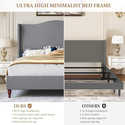 koorlian King Size Bed Frame Upholstered Platform Bed with 51" Tall Headboard Wingback, Soft Fabric, Retro Simple Style Platform Bed No Box Spring Needed, Easy Assembly, Grey