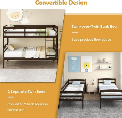 KOMFOTT Bunk Bed Twin Over Twin, Bunk Bed Frame w/Full-Length Guardrail & Integrated Ladder, Wood Bunk Bed for Small Space, Converts to 2 Individual Beds for Kids & Adults, No Box Spring Needed
