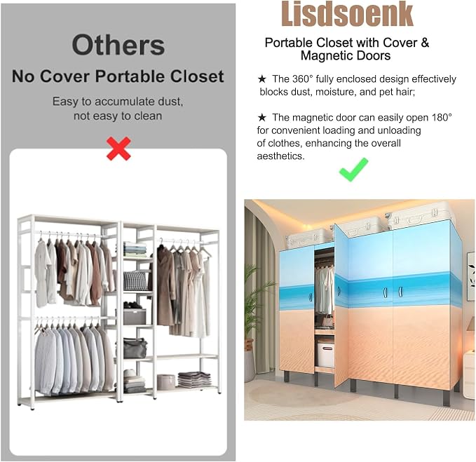 Heavy Duty Clothes Rack with Cover & Magnetic Doors, 1500lb Portable Wardrobe Closet - Foldable Garment Rack for Bedroom, Large Storage for Hanginng Dresses Jackets (Beach Blue, 49.2IN)