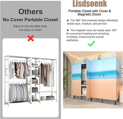 Heavy Duty Clothes Rack with Cover & Magnetic Doors, 1500lb Portable Wardrobe Closet - Foldable Garment Rack for Bedroom, Large Storage for Hanginng Dresses Jackets (Beach Blue, 70.8IN)