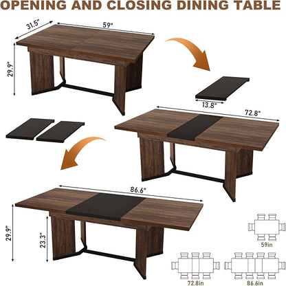 86 in Extendable Dining Table for 6 8 10 People,59"-86" Farmhouse Rectangle Extending Dining Table w/Removable Leaves Space Saving,Wooden Adjustable Tables for Kitchen Office Living Room (Brown&Black)