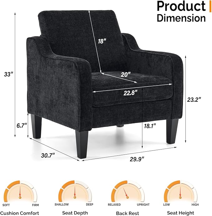 VINGLI Mid-Century Modern Accent Chair, Black Chenille, 30" (W) x 30.7" (D) x 33" (H), 1 Seat, 380 lbs Weight Capacity