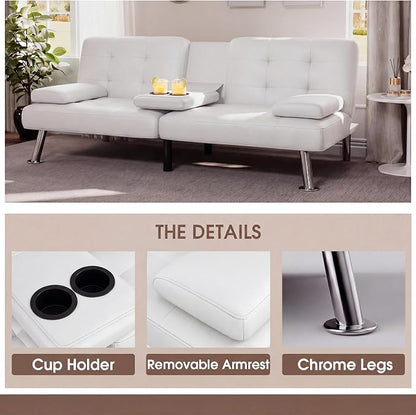 Flamaker Futon Sofa Bed Modern Folding Futon Set PU Leather Convertible Recliner Lounge for Living Room with 2 Cup Holders, Removable Armrests (PU Leather, White)
