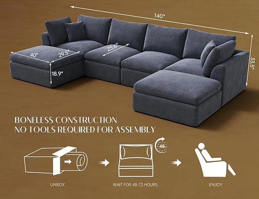 ohllob Oversized Cloud Sectional Couches for Living Room, Boneless U Shaped Couch with Ottoman, 4 Seater Modular Sectional Sofa, Dark Grey