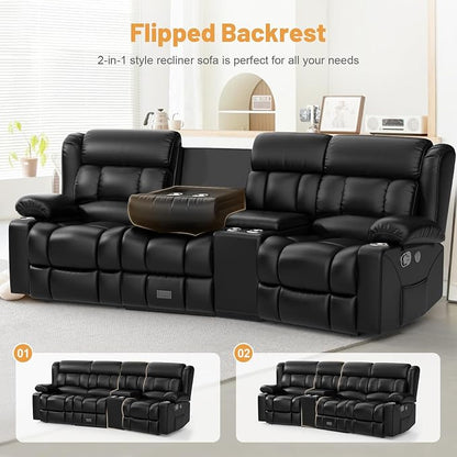 Dresegmt Recliner Sofa with Storage Console, Flip Middle Backrest Design PU Leather 3 Seat Reclining Sofa with Storage Drawer, Manual Couch for Living Room (Black, 3 Seater + Console)