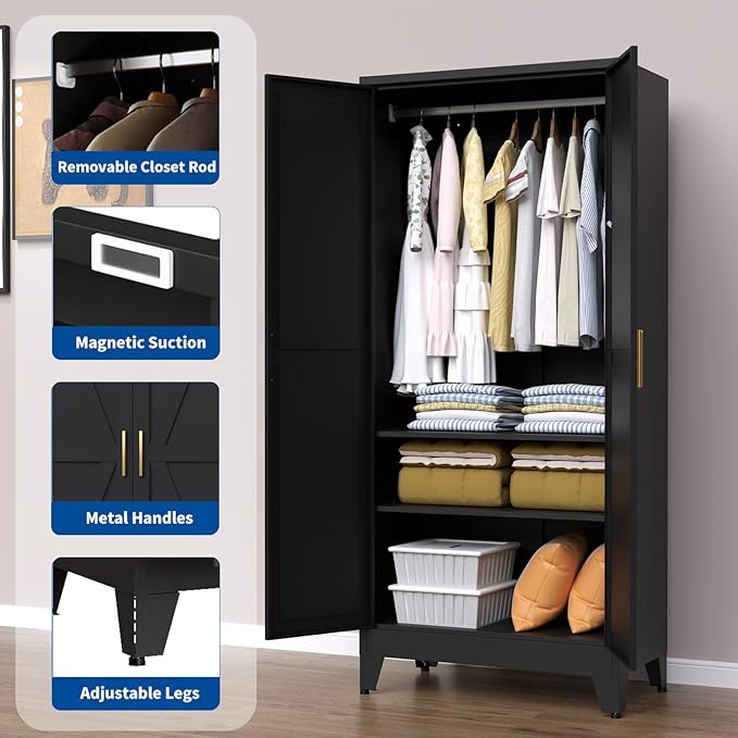 71" Heavy Duty Steel Armoire Wardrobe Closet, Black Metal Clothing Storage Cabinet with 2 Magnetic Doors & Adjustable Shelves, Waterproof Hanging Rod Cabinet