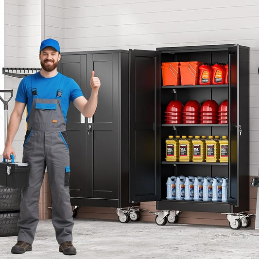61" Metal Garage Storage Cabinet with Wheels and Locking Doors and Tall Rolling Steel Tool Cabinet with 3 Adjustable Shelves for Garage,Home,Office,Shop (Black, 61''H x 28''W x14''D)