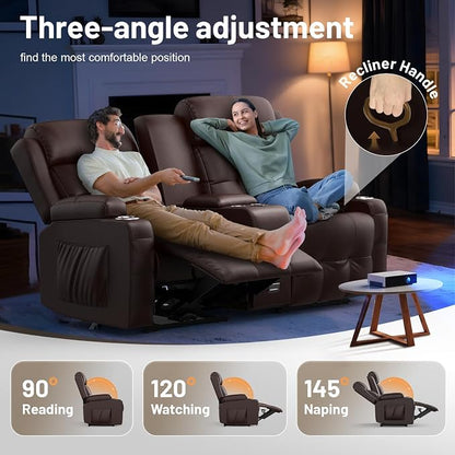 Loveseat Recliner Sofa, Home Theater Seating with Massage, Reclining Loveseats with Console, Wall Hugger RV Couch Movie Theater Chairs, RV Furniture Sofas with USB, Cup Holders, Drawer for Gaming Room
