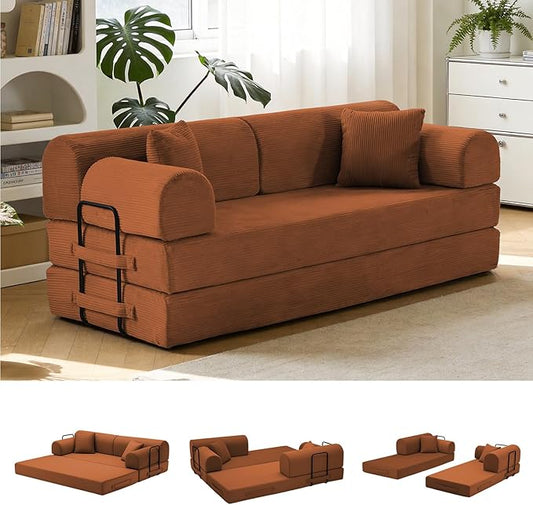 79'' Convertible Sofa Bed, 6 in 1 Folding Floor Futon Couch Sleeper with Fixed Frame, Corduroy Modular Sofa Bed with Removable Armrests & Pillows, No Assembly for Living Room Bedroom (Orange)