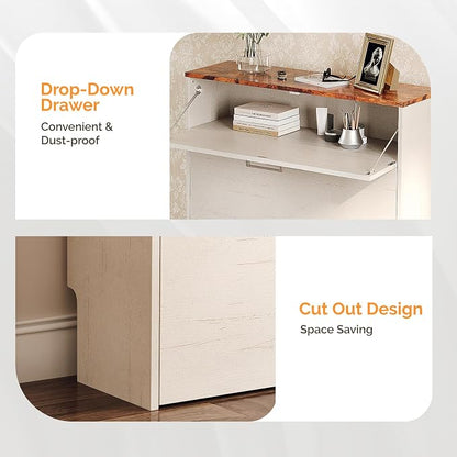 VINGLI Set of 2 Rustic White Shoe Cabinet for Entryway, 2-Pack 31.5" W Extra Wide Slim Shoe Organizer with Vintage Brown Top, Modern Farmhouse Wood Shoes Rack, Narrow Freestanding Cabinet for Hallway