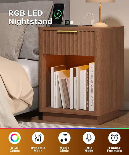 Akxomel Fluted Nightstands Set of 2, Wooden Night Stand with Charging Station and LED Light, Modern Mid Century End Table with Drawer, 15" D x 15.7" W x 22.6" H, for Bedroom, Walnut