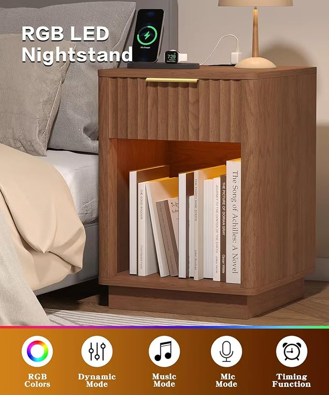 Akxomel Fluted Nightstand, Wooden Night Stand with Charging Station and LED Light, Modern Mid Century End Table with Drawer, 15" D x 15.7" W x 22.6" H, for Bedroom, Walnut