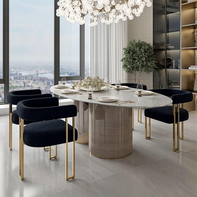 Hyfirm Set of 4 Black and Gold Modern Dining Chairs, Velvet Upholstered Barrel Armchairs with Metal Legs for Kitchen Island, Mid Century Accent Chairs for Dining Room Living Room, Open-Back