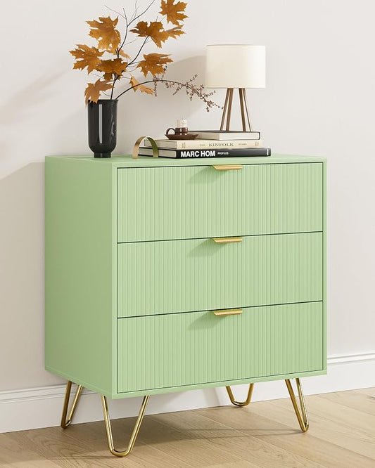 Green Dresser for Bedroom, Modern Fluted 3 Drawer Dresser with Storage, Dresser Chest of Drawers with Gold Handles for Bedroom, Living Room, Closet, Hallway, 15.8" D x 23.6" W x 27.6" H