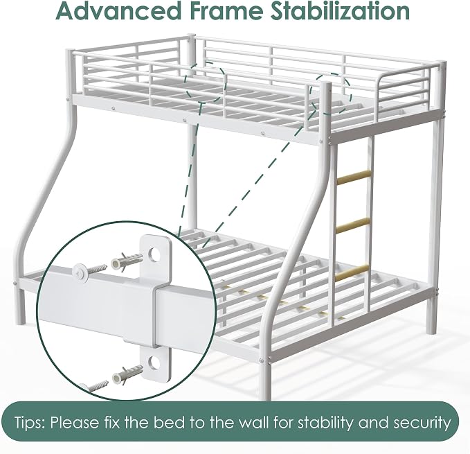 Twin XL Over Queen Bunk Bed Size, Heavy Duty Bunk Beds with Bottom Space & Guardrail Metal Bunk Bed Frame for Adults Dorm Bedroom Guest Room, No Box Spring Needed（Upgrate White）