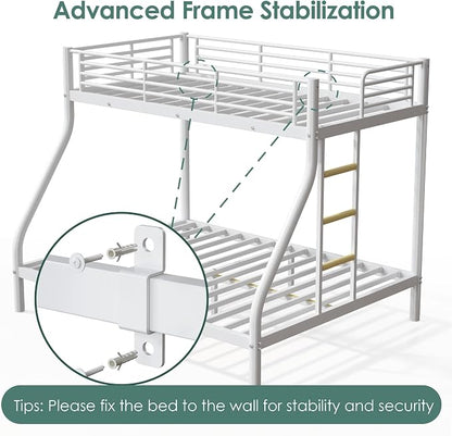 Twin XL Over Queen Bunk Bed Size, Heavy Duty Bunk Beds with Bottom Space & Guardrail Metal Bunk Bed Frame for Adults Dorm Bedroom Guest Room, No Box Spring Needed（Upgrate White）