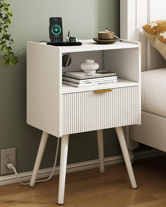 JOONEE White Nightstand with Outlet,Modern Bedside Table with Storage Drawer and Open Wood Shelf, for Living Room, Bedroom and Small Spaces, Accent Night Stand with Solid Wood Legs, Easy Assembly