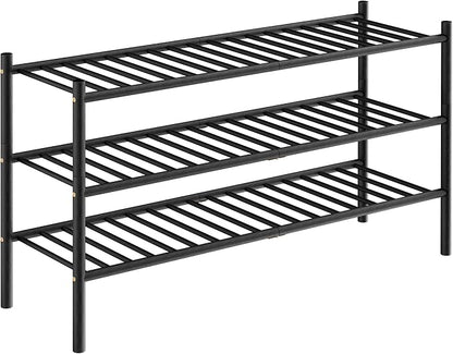 ROMGUAR CRAFT 3-Tier Bamboo Long Shoe Rack, Free Standing Wood Shoe Shelf Storage Organizer for Closet Entryway Stackable 35"x11"x20" (Black)