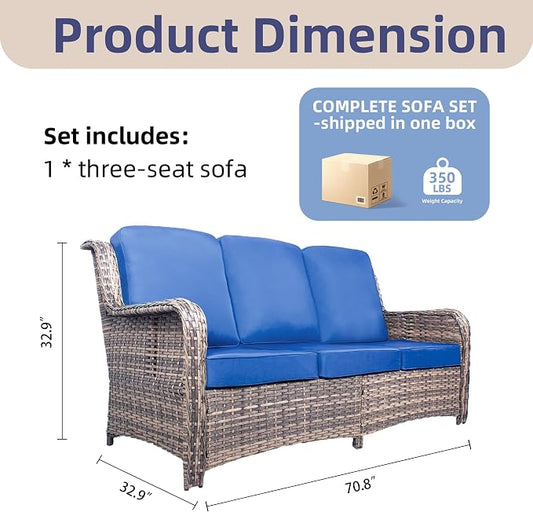 Outdoor Patio Sofa, 3 Seater Sofa with High Back, Deep Seating, Wide Armrest, Thickened Cushions for Deck, Porch Use, Blue