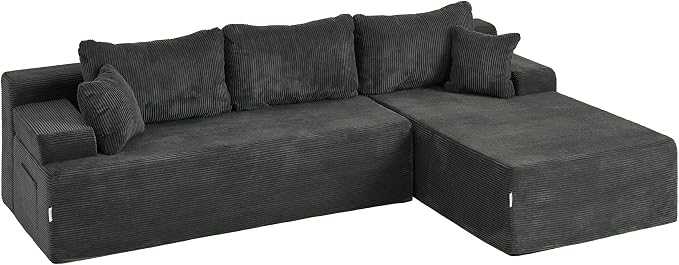 Hobestluk Modular Sectional Sofa Couches L-Shape Couch 3 Seat Modular Sofa Memory Foam Sectional Couches for Living Room, Cloud Couch with Oversized Chaise (Grey Corduroy, 96", Right Hand Facing)