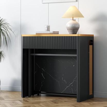 Extendable Dining Table, Transformer Folding Console Table for 2-8 People, 17"-112" Space Saving Dining Room Table, Wood Black Faux Marble Dining Table, Kitchen and Dining Room Furniture (No Chairs)