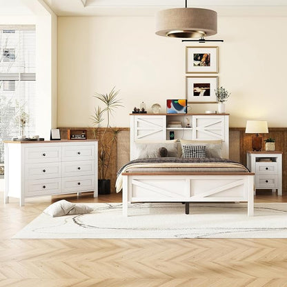 Farmhouse 3-Pieces Bedroom Sets, Full Size Wood Platform Bed with Nightstand and Dressing Table, Full Beds Frame with Double Sliding Door Headboard and Charging Station (White, Full)