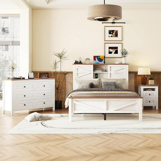 Farmhouse 3-Pieces Bedroom Sets, Full Size Wood Platform Bed with Nightstand and Dressing Table, Full Beds Frame with Double Sliding Door Headboard and Charging Station (White, Full)