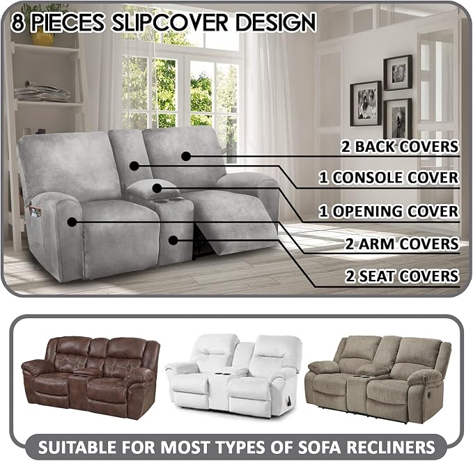 Reclining Love Seat with Middle Console Slipcover, 8-Piece Velvet Stretch Loveseat Reclining Sofa Covers, 2 seat Loveseat Recliner Cover, Thick, Soft, Washable, Loveseat Slipcovers (Light Grey)