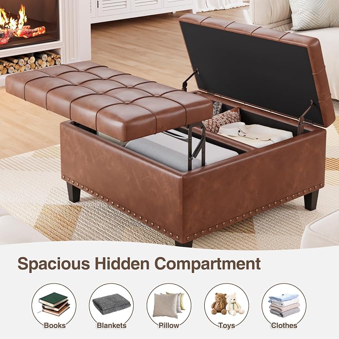 FiveWillowise Square Leather Ottoman with Storage, Faux Leather Coffee Table with Lift Top,Large Upholstered Footrest Stool Toy Box Storage Bench for Bedroom Living Room, Brown