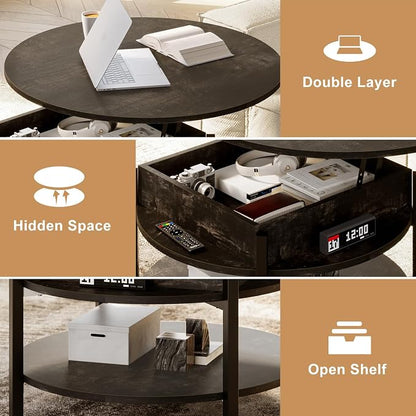 FABATO Round Lift Top Coffee Table with Storage and Hidden Compartment, 26.77'' Farmhouse Coffee Table for Living Room Reception Room, 2 Tier Small Round Coffee Table Circle Dining Table, Black Oak | Lift Top