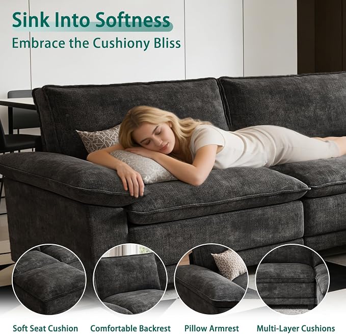 Modern L Shaped Sofa Couches for Living Room, Modular Sectional Cloud Couch with Movable Ottoman, Comfy Chenille Sofa for Apartment and Small Space, Black