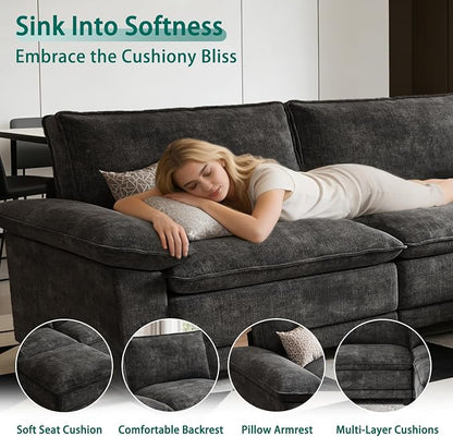 Modern L Shaped Sofa Couches for Living Room, Modular Sectional Cloud Couch with Movable Ottoman, Comfy Chenille Sofa for Apartment and Small Space, Black