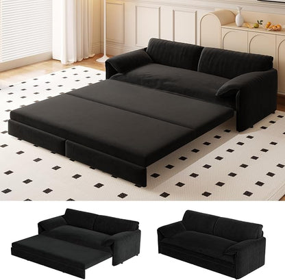 66" Sofa Bed Queen Size, Pull Out Couch Bed, 3-in-1 Convertible Sleeper Sofa with Side Pocket, Modern Velvet Futon Couch for Living Room, Small Space, Apartment, Bedroom, Black