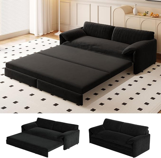 66" Sofa Bed Queen Size, Pull Out Couch Bed, 3-in-1 Convertible Sleeper Sofa with Side Pocket, Modern Velvet Futon Couch for Living Room, Small Space, Apartment, Bedroom, Black