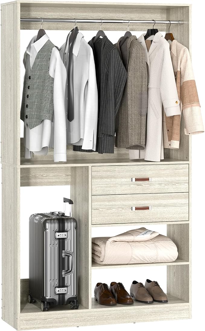 Armocity Freestanding Closet System with Suitcase Storage, 40 Inches Stand-Alone Wardrobe with 2 Wood Drawers, 80'' Height Adjustable Cloth Garment Rack, Walk-in Closet with Hanging Rod, White Oak