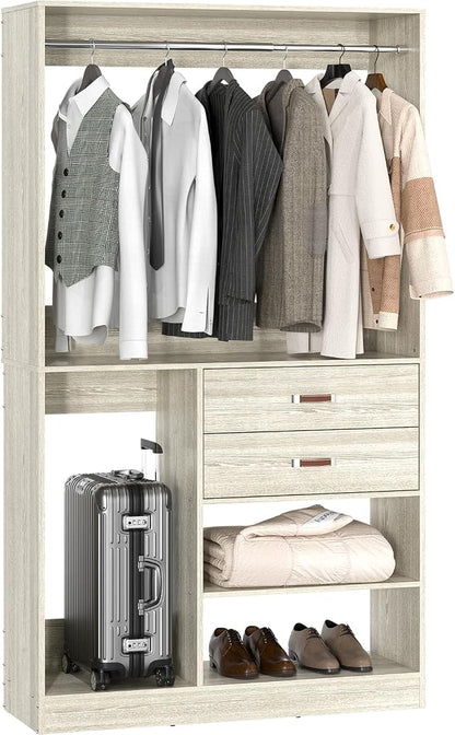Armocity Freestanding Closet System with Suitcase Storage, 40 Inches Stand-Alone Wardrobe with 2 Wood Drawers, 80'' Height Adjustable Cloth Garment Rack, Walk-in Closet with Hanging Rod, White Oak