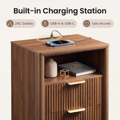 LYNCOHOME 19.7" Fluted Nightstands Set of 2 with Charging Station, 2 Drawer Bedside Table, Modern Night Stand with Curved Edge, Wooden End Table for Bedroom, Rounded Night Stand with Storage, Walnut
