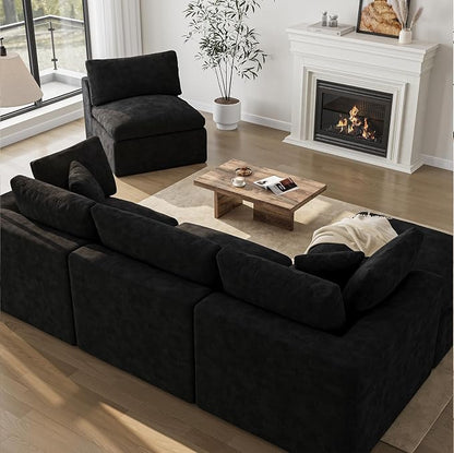 Cloud Sectional Couches for Living Room | 7 Seater U-Shaped Boneless Couch with Ottoman | Black Modular Sectionals Sofa Couch