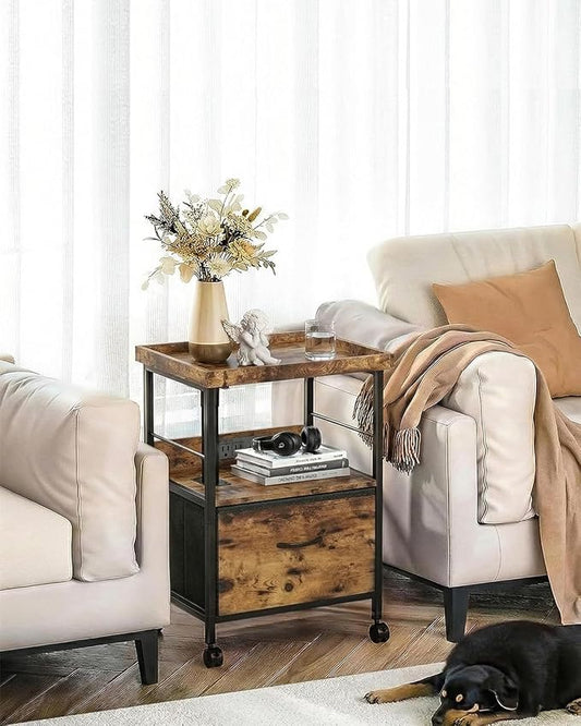 Faesun Swivel Lift Top Nightstand with Charging Station, Rolling Night Stand with Fabric Drawer, Adjustable Bedside Table for Bedroom, Living Room, Brown, Pro