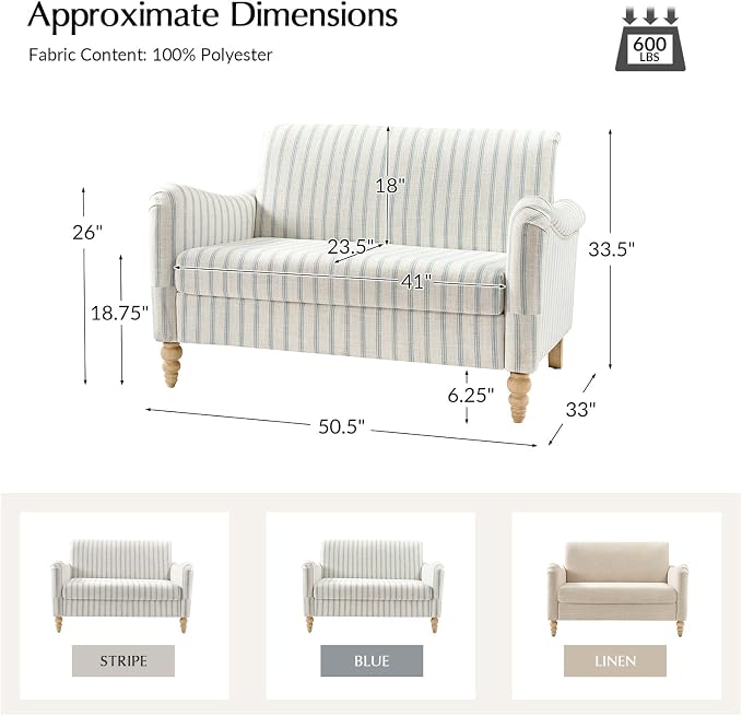EcoHarbor Living 50.5" Mid-Century Modern Couch, Upholstered Sofa with Armrests, Stripe Mini Loveseat Couches for Small Space, Living Room, Bedroom, Office, Apartment, Blue