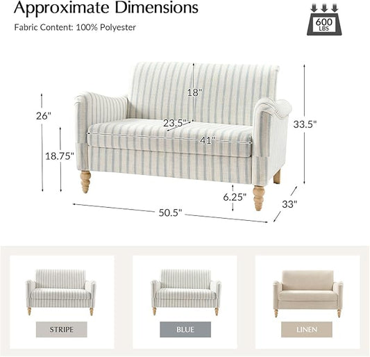 EcoHarbor Living 50.5" Mid-Century Modern Couch, Upholstered Sofa with Armrests, Stripe Mini Loveseat Couches for Small Space, Living Room, Bedroom, Office, Apartment, Blue