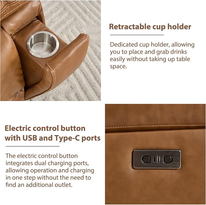 CANMOV Genuine Leather Power Recliner Sofa Set,Power Recliner Chair and Sofa Set, 2 Pieces Leather Couch with Storage Console, USB Ports, Cup Holders for Living Room,Brown