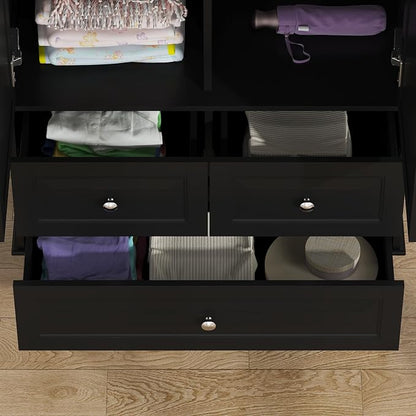 Bedroom Wardrobe Cabinet with 2 Doors, Wood Armoire Closet with Hanging Rod, Wardrobe Closet with 3 Drawers & Multi-Shelves for Clothes Organize, Black (19.7" D x 31.5" W x 70.9" H)