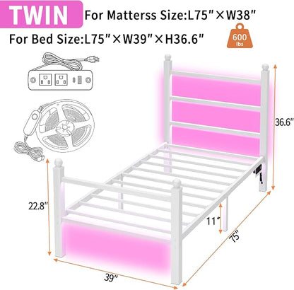 CLIBFENG Twin Bed Frame with Headboard and Footboard,Steel Slats Support-LED Bed Frame with USB Charging Station,Mattress Foundation-Under Bed Storage,No Box Spring Needed,Noise Free,White