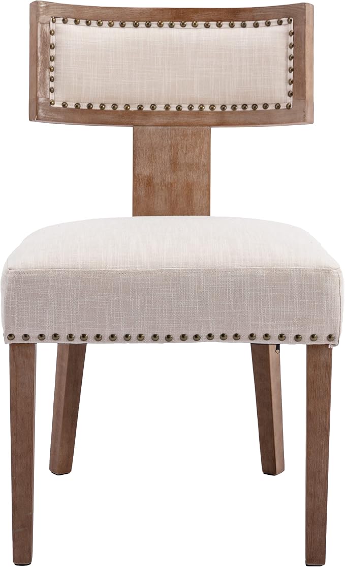 RIVOVA Mid Century Modern Dining Chairs Set of 2 Linen Fabric Upholstered Kitchen Side Chairs with Nailhead Trim, Modern Kitchen Armless Solid Wood Dining Chairs, Beige