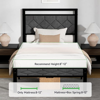Z-hom Twin Bed Frames, Twin Bed Frame with Upholstered Headboard, Metal Platform Beds Solid and Stable, Grey, Noise Free, Easy Assembly, No Box Spring Needed